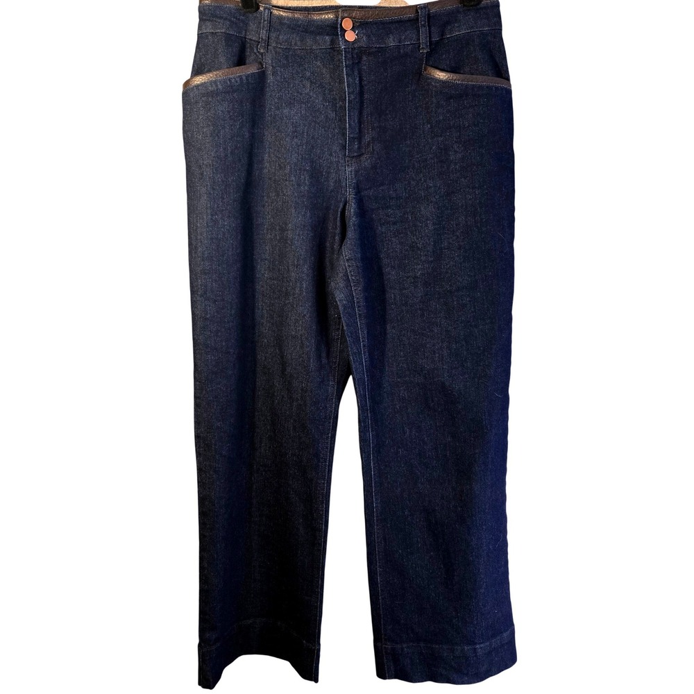 Bagatelle Collection Womens 30 Dark Wash Wide Leg Crop Jeans Faux Leather Trim